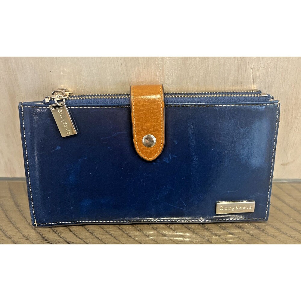 Borgasets Blue Leather Wallet Bifold Credit card Holder Zipper